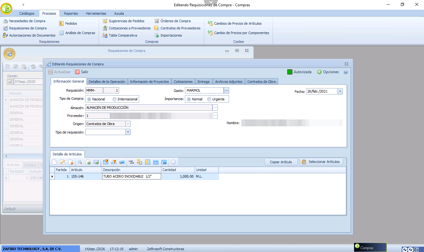 Requisiciones de Compra de Zafirosoft ERP para construcción